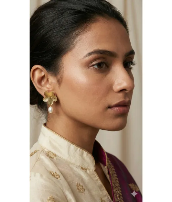 Gold Flower & Pearl Drop Earrings.